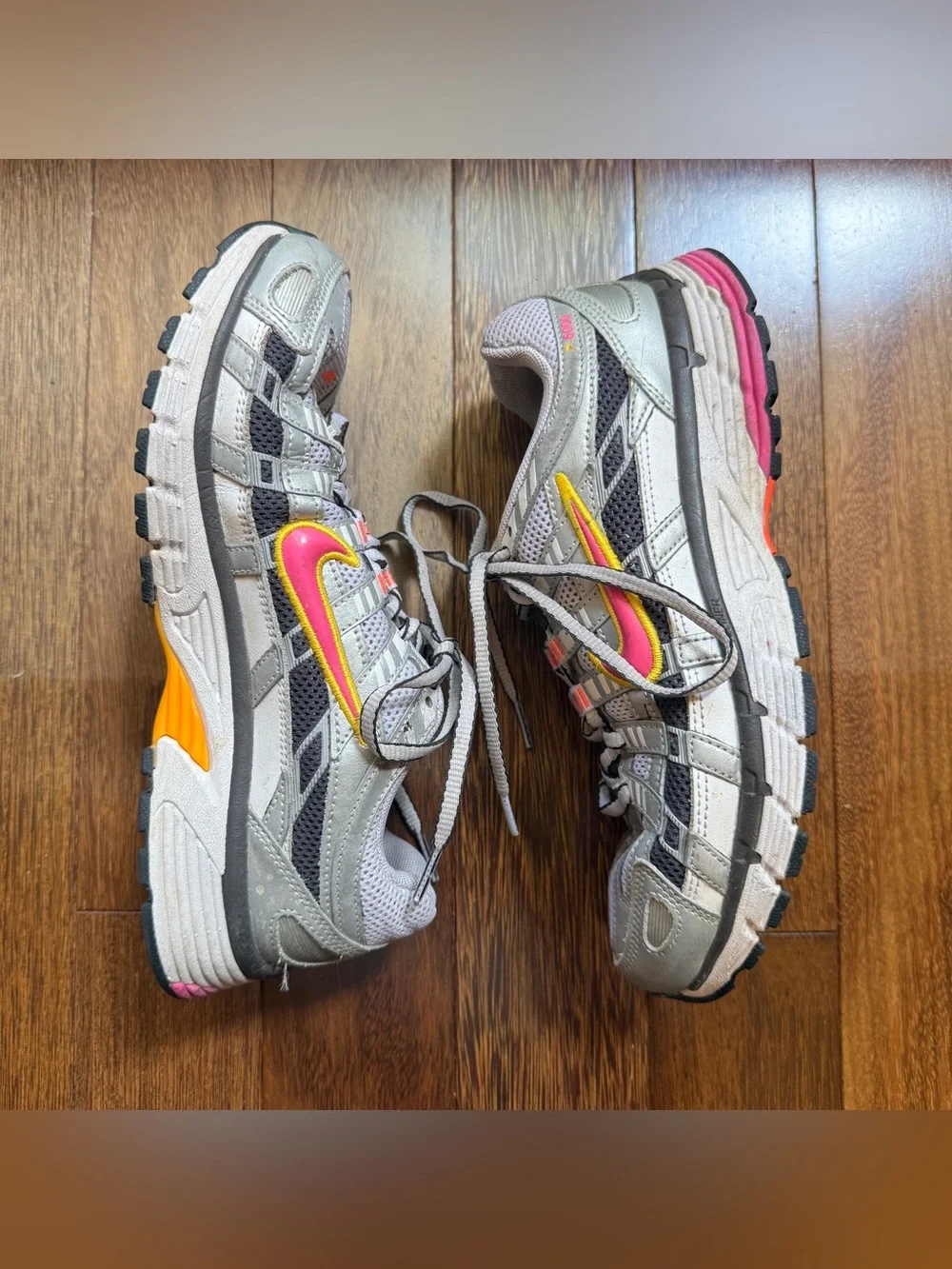 Nike Women's Grey Running Sneakers with Pink & Yellow Accents Size 7